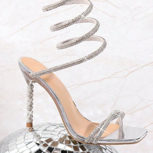 Silver Glamorous Women's Slinky Wrap Around Rhinestoned High Heel Sandals - Picture 2 of 5